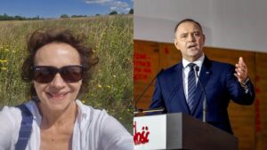 Joanna Szczepkowska na łące i prezydent Karol Nawrocki przemawiający w Sali BHP Stoczni Gdańskiej