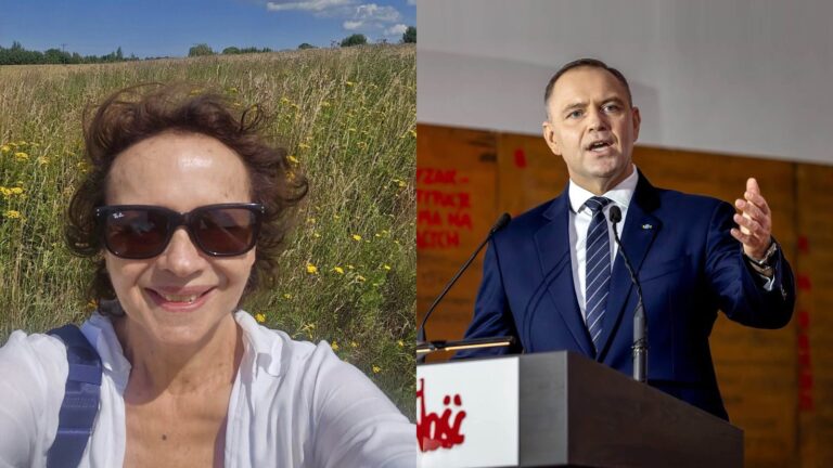 Joanna Szczepkowska na łące i prezydent Karol Nawrocki przemawiający w Sali BHP Stoczni Gdańskiej