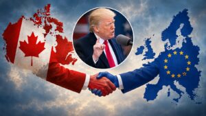 Mapy Kanady i Europy w barwach flag, między nimi uścisk dłoni, w środku Donald Trump przy mikrofonie