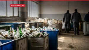 A recycling collection point with multiple plastic and glass bottles sorted into separate bins, morning light streaming through large windows, shallow depth of field focusing on deposit bottles in foreground, neutral beige and gray interior, Central European utility aesthetic, realistic documentary photography style.
