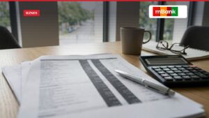 A modern office desk bathed in morning light, featuring printed loan documents with visible interest rate tables, a calculator, and pen positioned on paperwork, shallow depth of field focusing on the numerical data, neutral color palette with soft shadows, horizontal composition capturing the administrative side of mortgage lending decisions.
