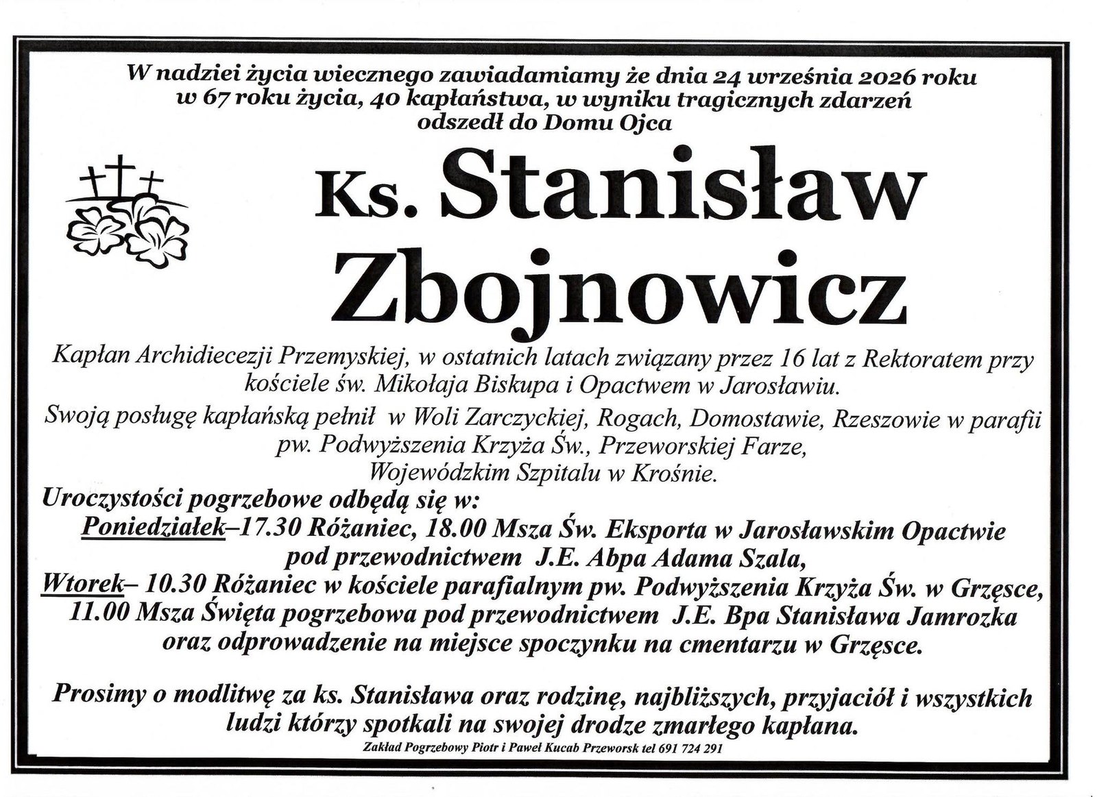 Klepsydra ks. Stanisława Zbojnowicza z terminami różańca, mszy w Jarosławskim Opactwie i pogrzebu w Grzęsce