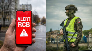 Po lewej dłoń z telefonem i czerwonym komunikatem Alert RCB, po prawej żołnierz Wojsk Obrony Terytorialnej z bronią