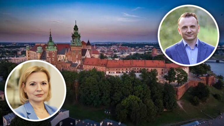 Gibała i Piątkowska (dziennikarskie główki) na tle Krakowa (Wawel)