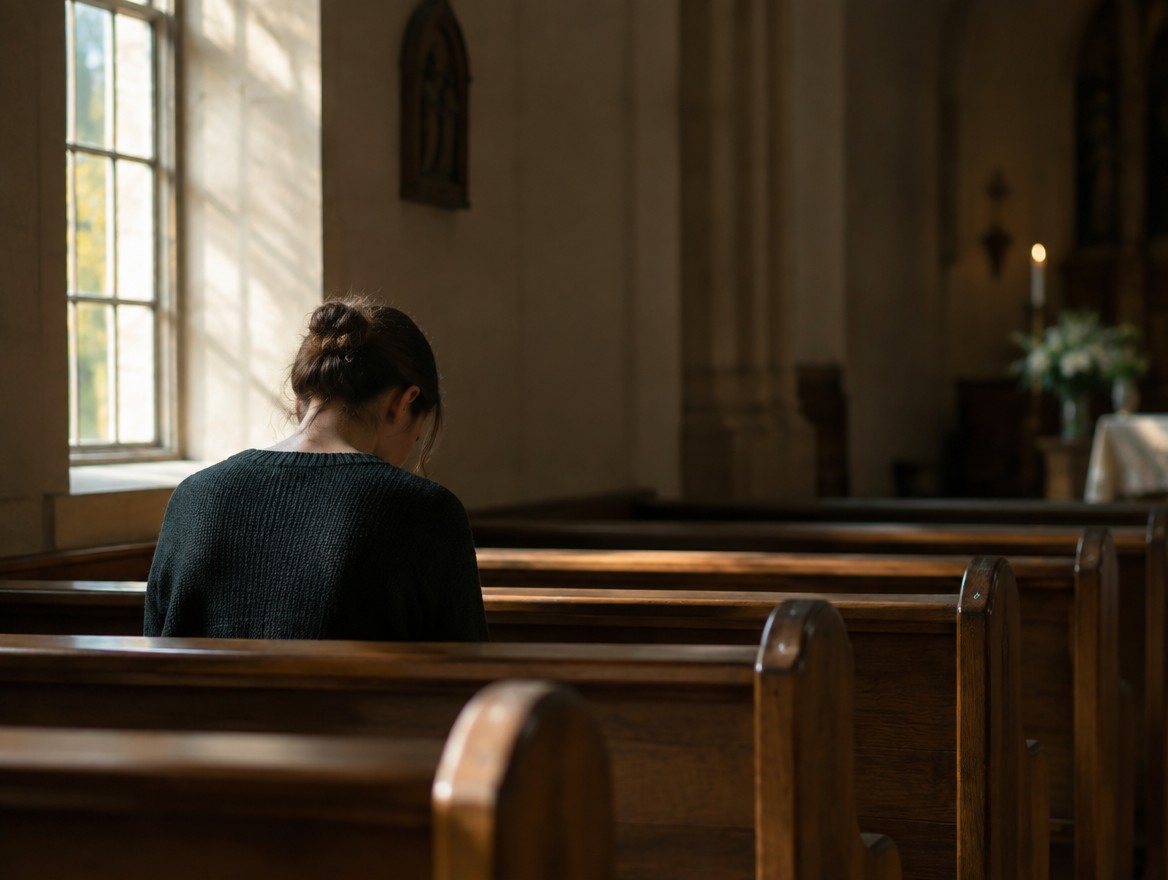 Osoba siedząca samotnie na kościelnej ławce w zadumie nad opanowaniem gniewu i słów