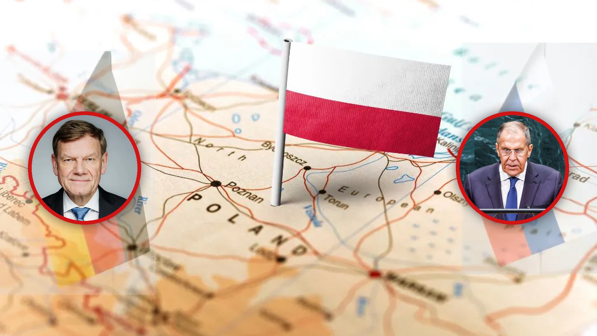 szef msz Niemiec (po lewej) i Ławrow (po prawej) na tle mapy Europy Środkowej.