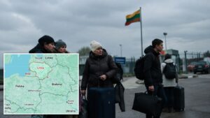 Ludzie z walizkami przy granicy z Litwą, w tle mapa z podpisem Rosja przy Obwodzie Kaliningradzkim między Polską a Litwą
