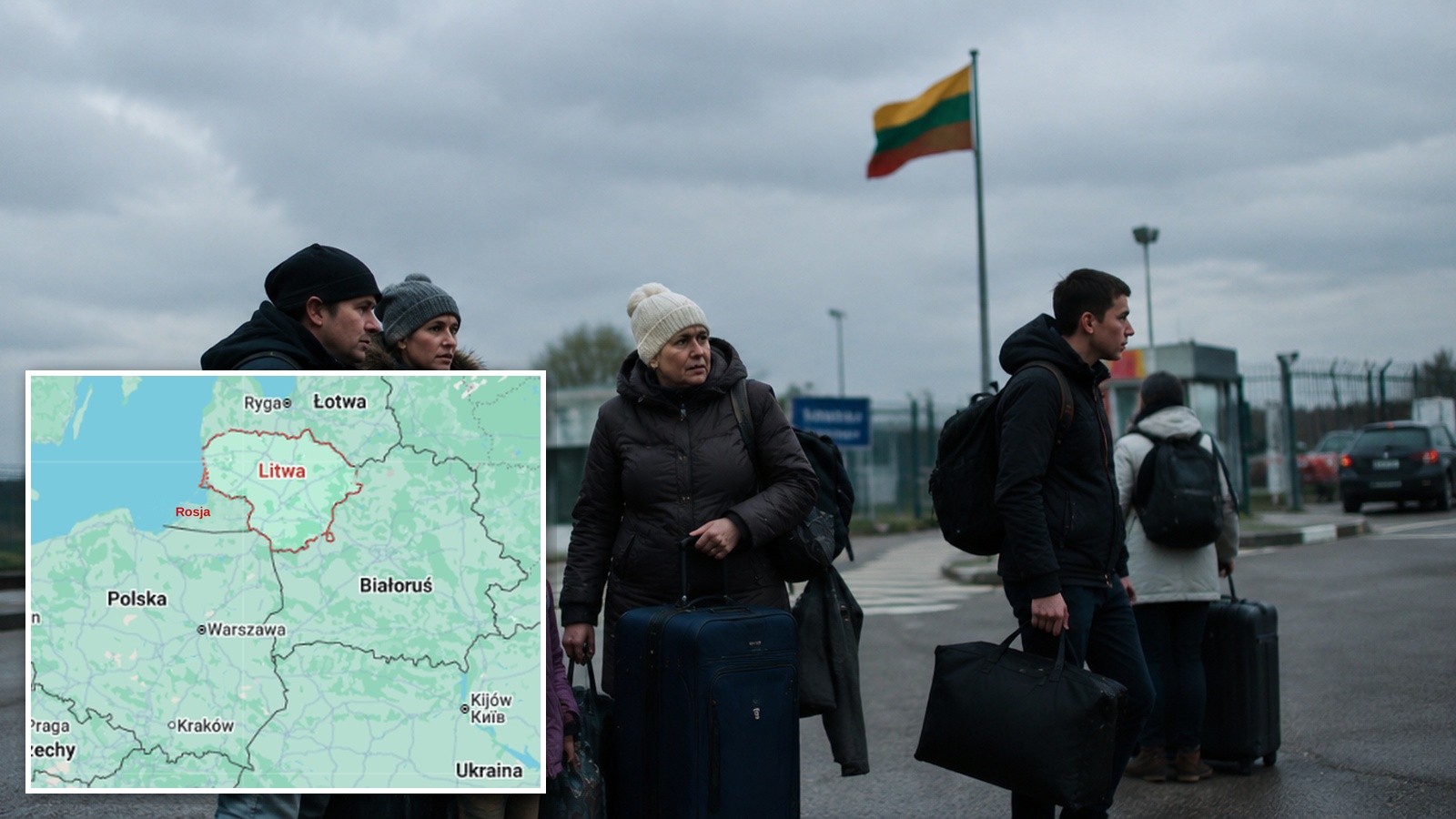 Ludzie z walizkami przy granicy z Litwą, w tle mapa z podpisem Rosja przy Obwodzie Kaliningradzkim między Polską a Litwą
