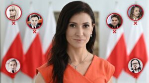 Ewa Zajączkowska-Hernik na tle biało-czerwonych flag, wokół przekreślone portrety sześciu przedstawicieli władzy