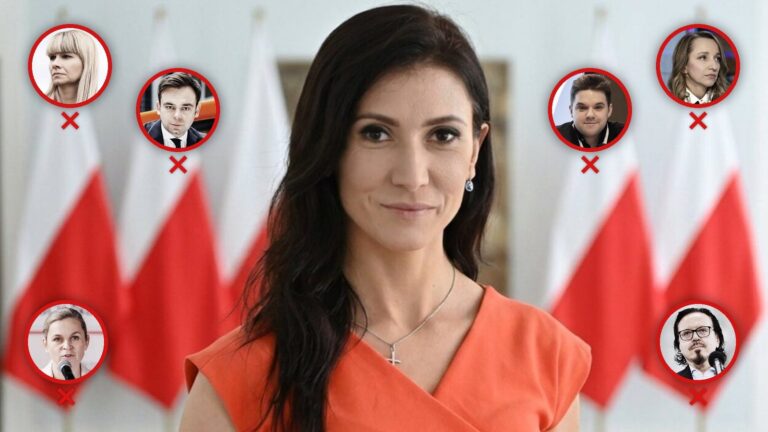 Ewa Zajączkowska-Hernik na tle biało-czerwonych flag, wokół przekreślone portrety sześciu przedstawicieli władzy