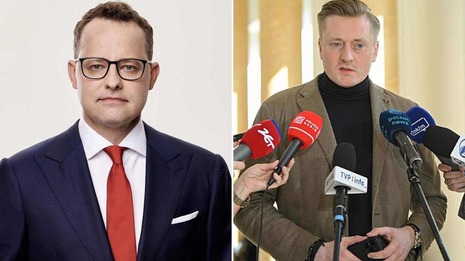 Marcin Romanowski w garniturze i czerwonym krawacie obok mec. Bartosza Lewandowskiego mówiącego do mikrofonów