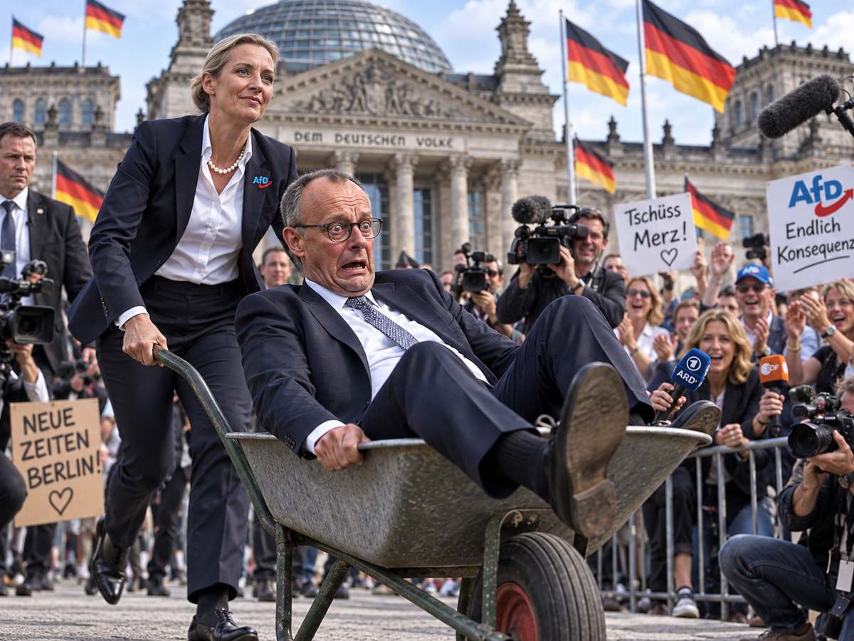Ilustracja satyryczna: Alice Weidel wiezie kanclerza Friedricha Merza na taczce przed Reichstagiem, w tle transparenty Tschuss Merz