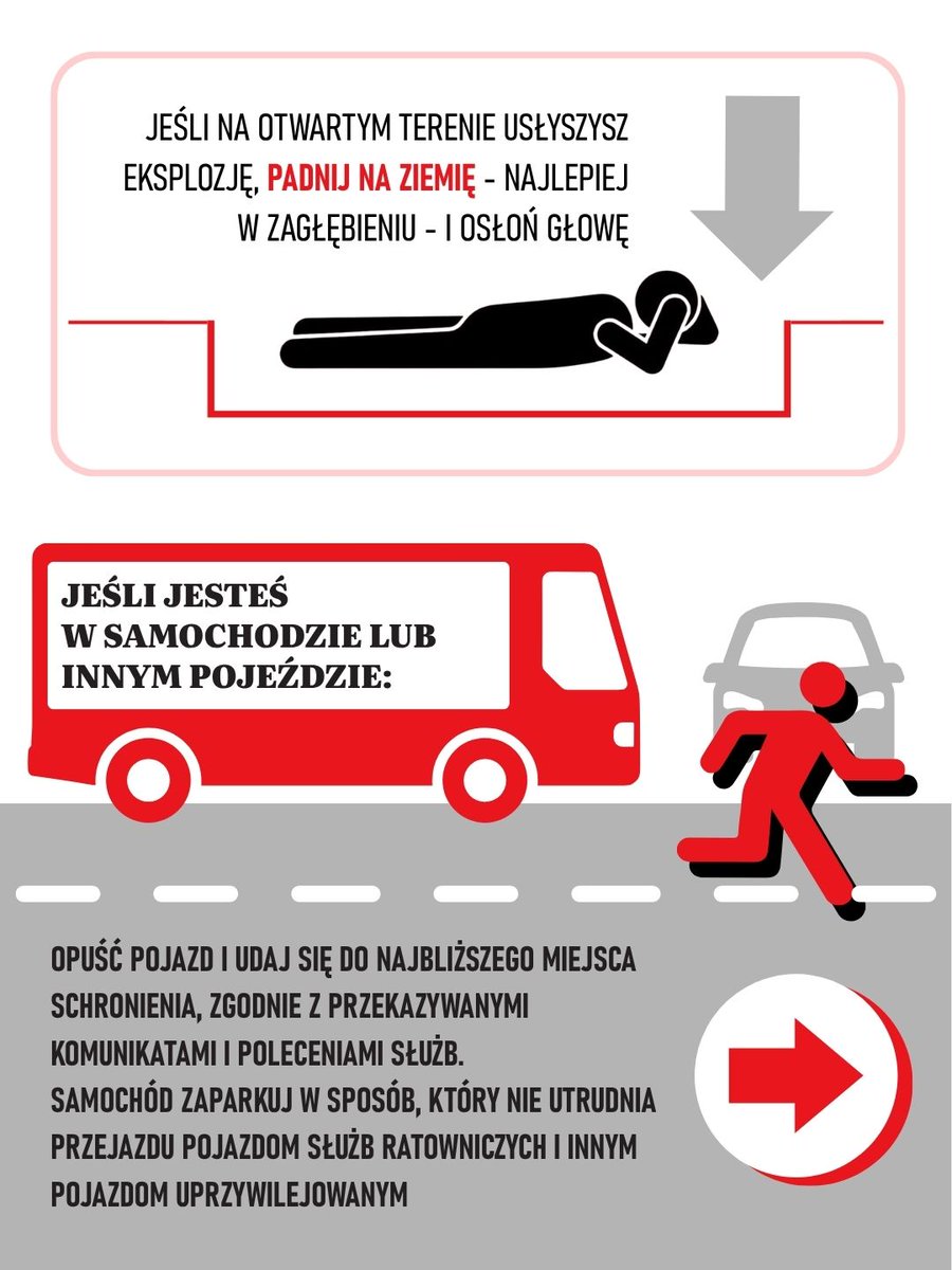 Grafika MSWiA: eksplozja na otwartym terenie i zachowanie w samochodzie podczas alarmu