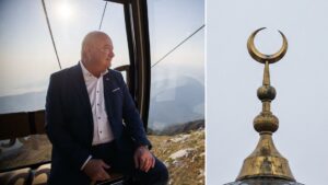 Christian Stocker w kolejce górskiej i złoty półksiężyc na kopule meczetu - muzułmanie w Austrii w wypowiedzi kanclerza