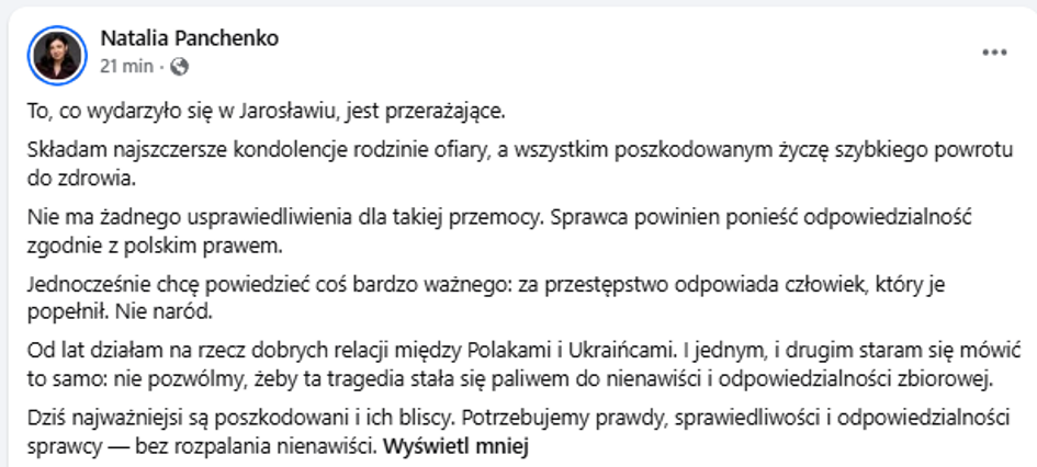 Wpis Natalii Panczenko na Facebooku z kondolencjami po ataku nożownika na terenie opactwa w Jarosławiu