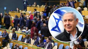 premier Izraela Netanjahu na tle sali z uczestnikami 81 sesji ONZ