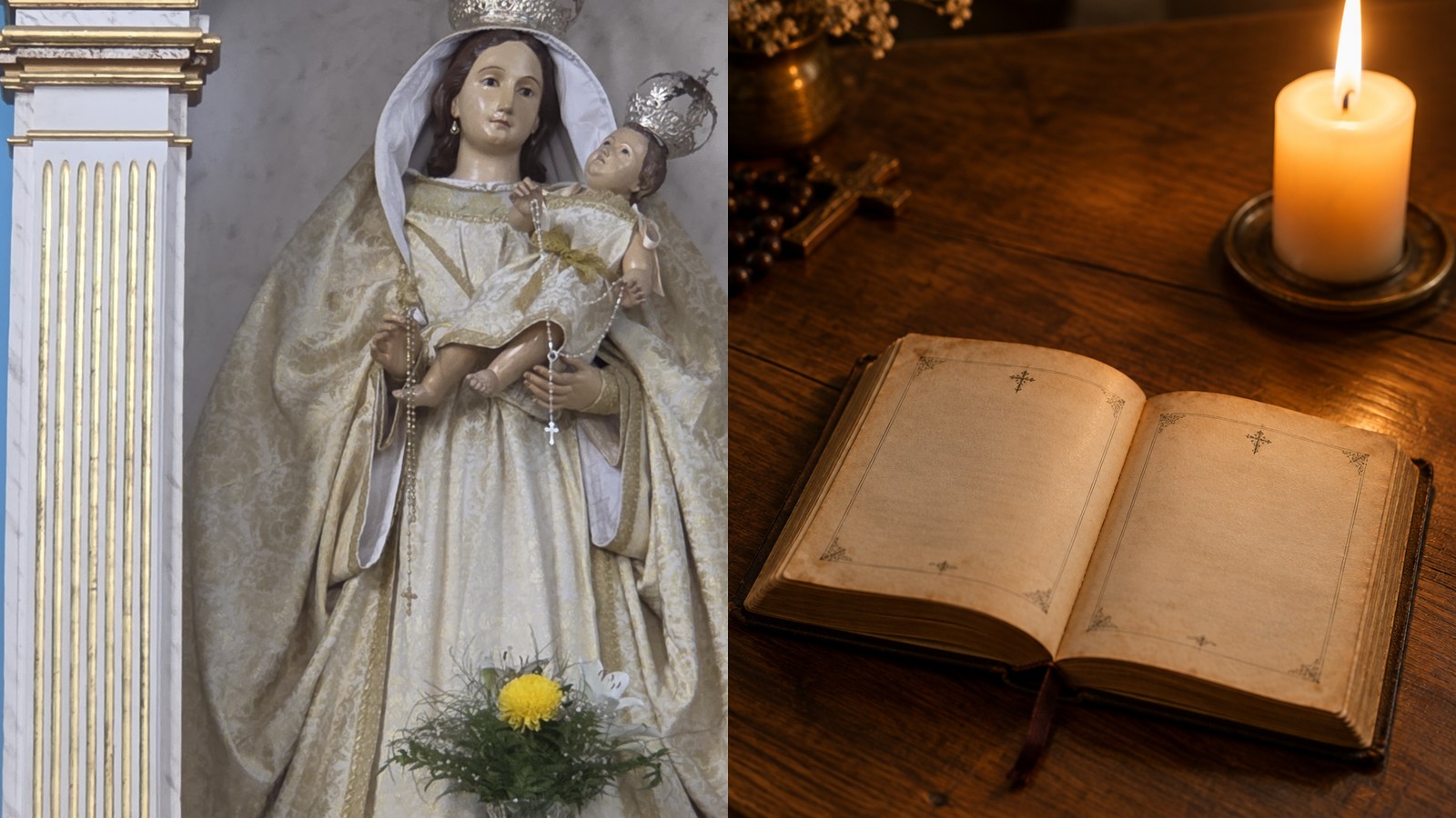 Po lewej figura Matki Bożej z różańcem, po prawej otwarta książeczka do nabożeństwa przy świecy