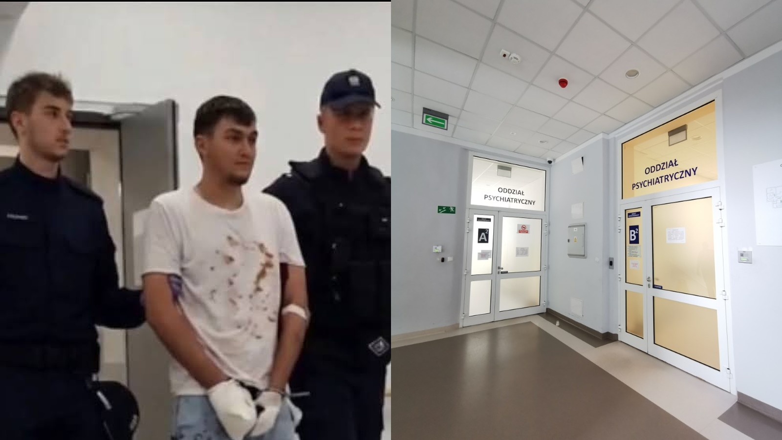 Nożownik z Jarosławia w zakrwawionej koszulce prowadzony przez policjantów obok drzwi oddziału psychiatrycznego