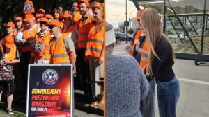 Wolontariusze SOR z banerem o odwołaniu prezydenta Warszawy i rozmowa z warszawianką przy zbiórce podpisów