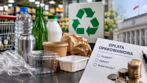 Obrazek przedstawia różne rodzaje opakowań produktów, znak recyklingu i jest ilustracją do tekstu