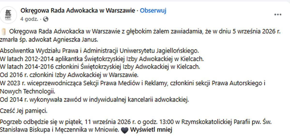 Zrzut wpisu Okręgowej Rady Adwokackiej w Warszawie na Facebooku z informacją o śmierci adwokatki