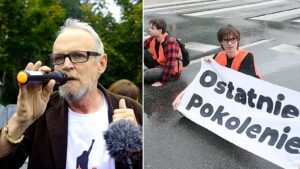 Piotr Niemczyk mówi do mikrofonu na manifestacji, obok aktywiści Ostatniego Pokolenia z transparentem na jezdni