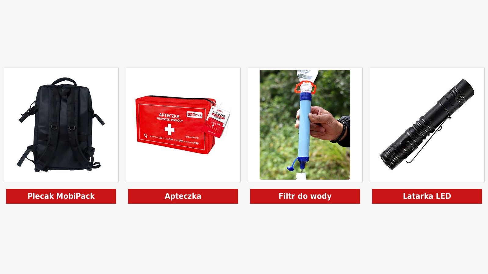 Czarny plecak MobiPack, czerwona apteczka pierwszej pomocy, niebieski filtr do wody i czarna latarka LED na białym tle