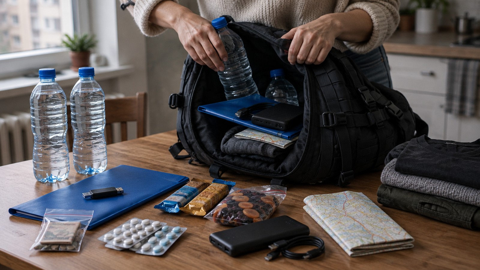 Dłonie wkładające do czarnego plecaka butelkę wody, na stole dwie półtoralitrowe butelki, teczka z dokumentami i pendrive, woreczek z gotówką, leki, batony, bakalie, powerbank i papierowa mapa