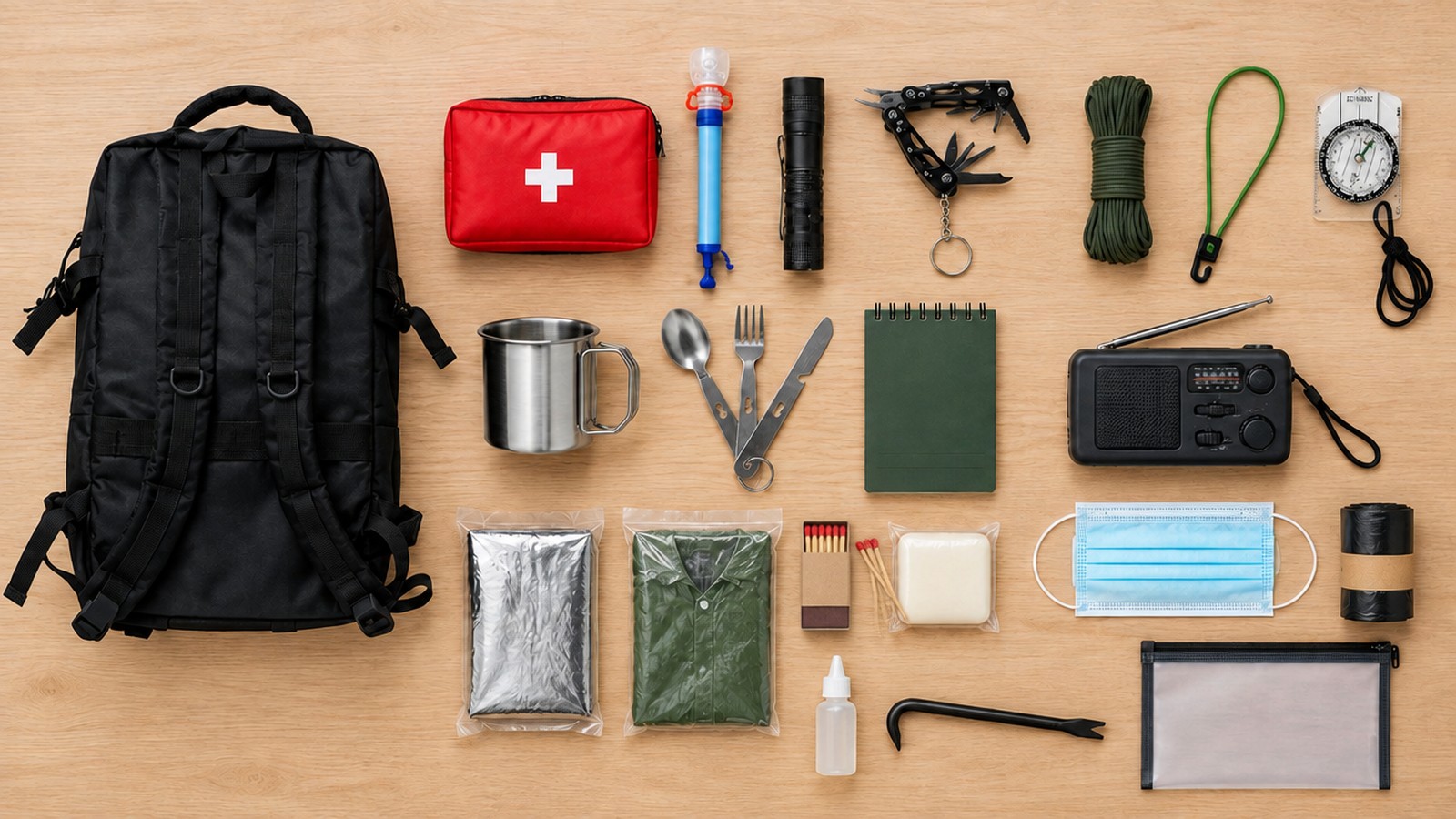 Czarny plecak i rozłożona obok zawartość przykładowego zestawu ewakuacyjnego: apteczka, filtr do wody, latarka, multitool, paracord, kompas, kubek, sztućce, notes, radio, śpiwór termiczny, płaszcz przeciwdeszczowy, zapałki, mydło, maseczka, worki, łom i woreczek na dokumenty
