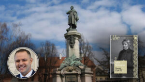Pomnik Adama Mickiewicza w Warszawie, w rogach portret prezydenta Karola Nawrockiego i okładka III części Dziadów