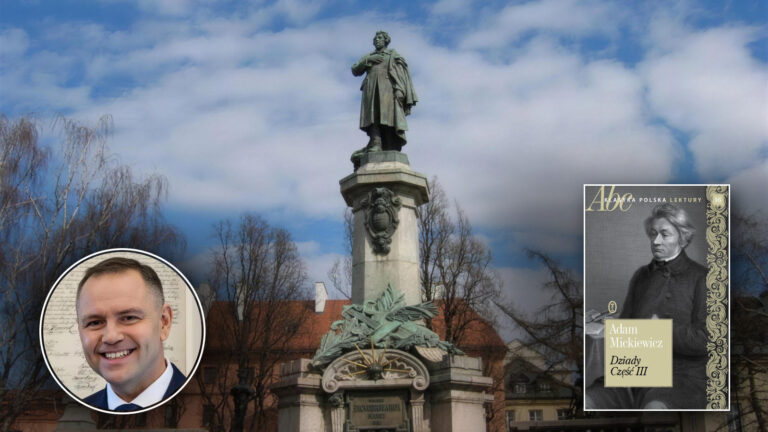Pomnik Adama Mickiewicza w Warszawie, w rogach portret prezydenta Karola Nawrockiego i okładka III części Dziadów