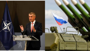 Premier Czech Andrej Babisz przemawia przy mównicy obok flagi NATO, obok rosyjski zestaw przeciwlotniczy z czterema rakietami i flagą Rosji