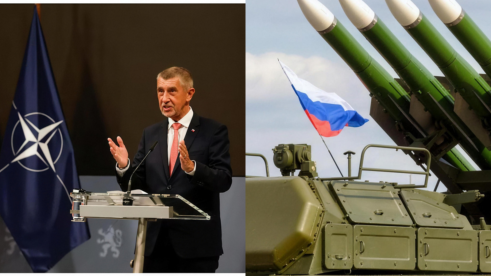 Premier Czech Andrej Babisz przemawia przy mównicy obok flagi NATO, obok rosyjski zestaw przeciwlotniczy z czterema rakietami i flagą Rosji