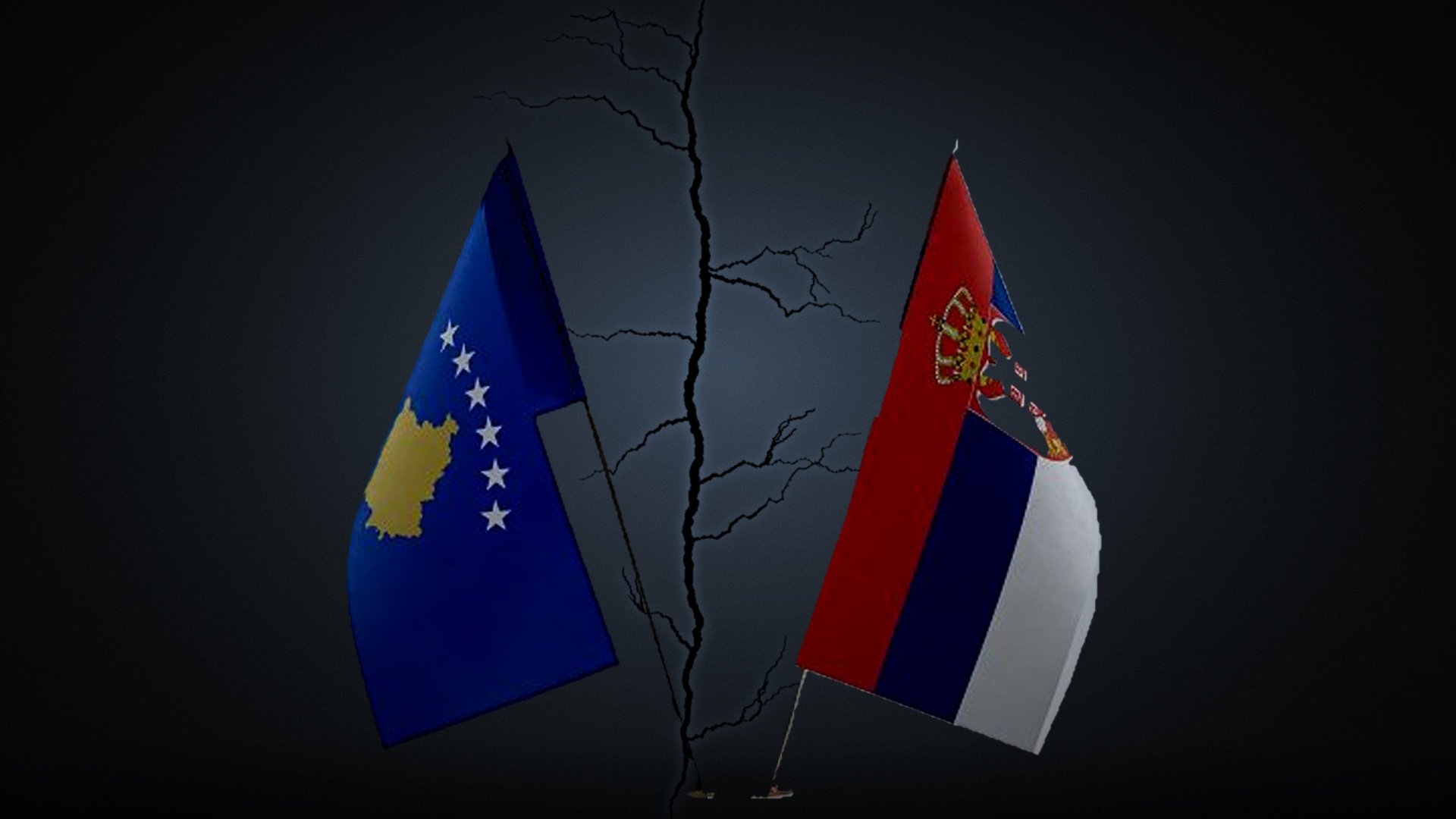 flagi Kosowa (z lewej) i Serbii (z prawej), a między nimi linia pęknięcia symbolizująca napięte relacje