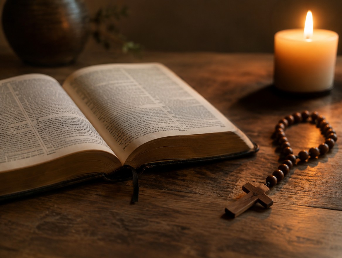 Biblia leżąca obok różańca na drewnianym stole, symbol wspólnego fundamentu wiary chrześcijańskiej