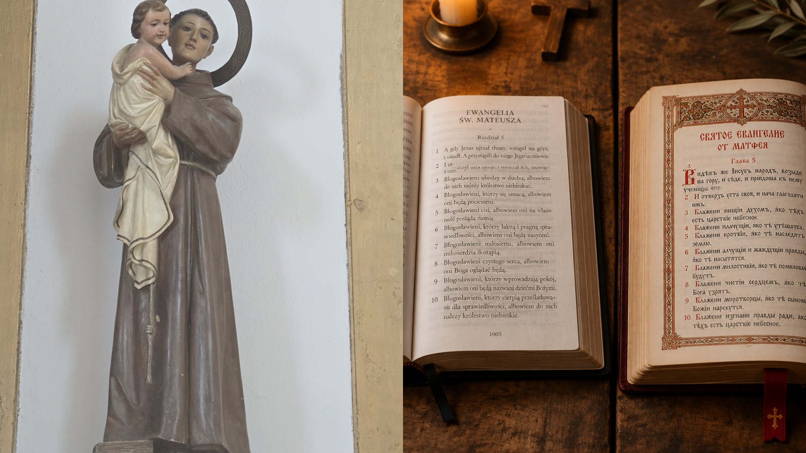 Po lewej figura świętego Antoniego z Padwy, po prawej dwie różne otwarte księgi religijne obok siebie