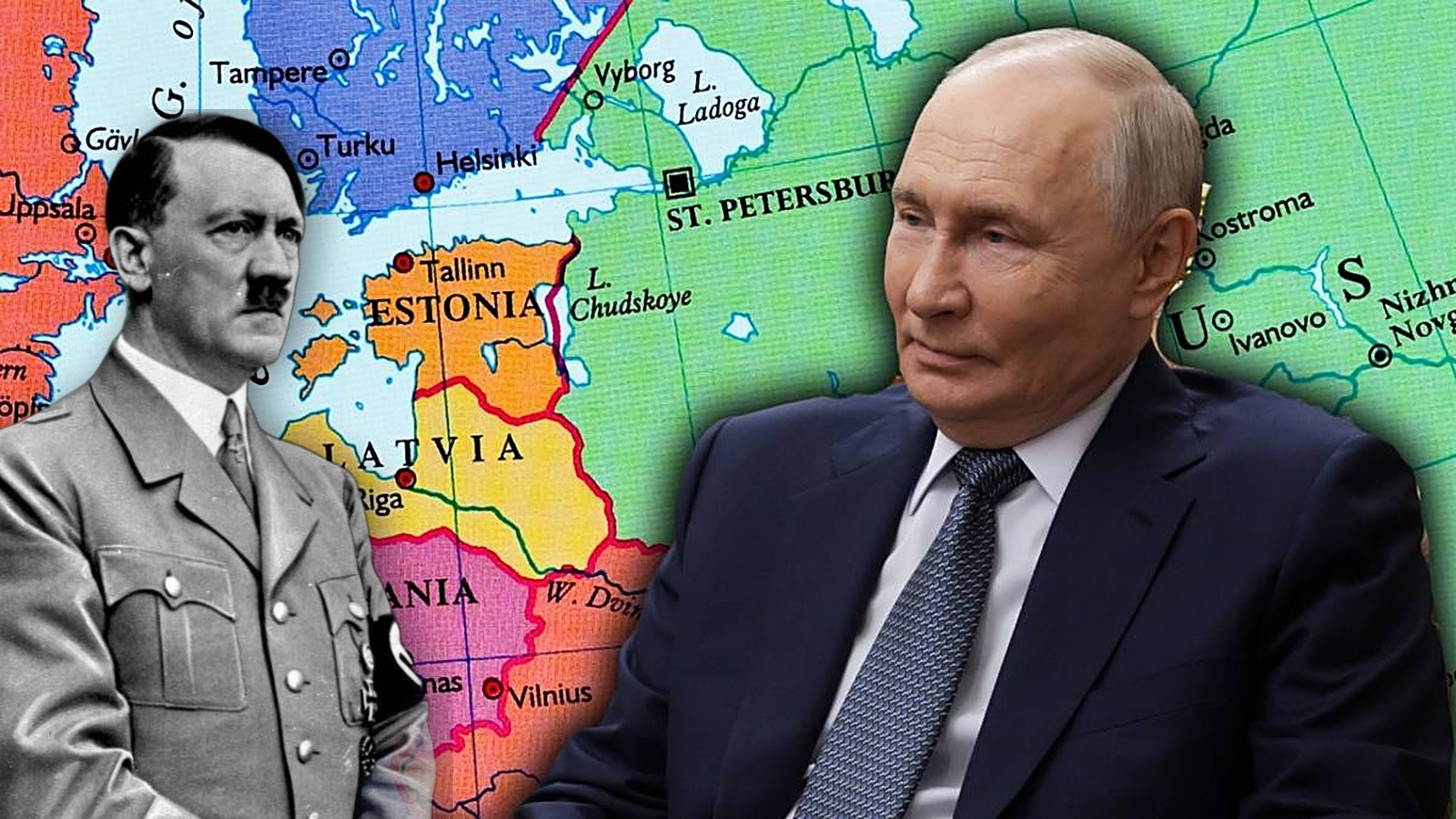 Adolf Hitler i Władimir Putin na tle mapy regionu Morza Bałtyckiego z Estonią, Łotwą i Litwą