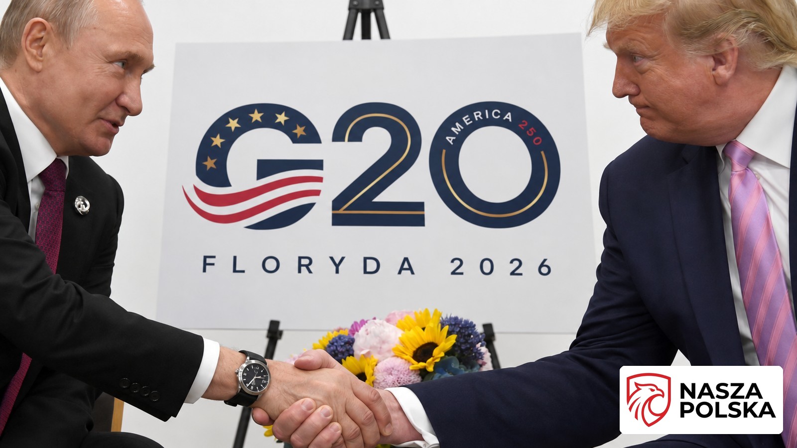 Władimir Putin i Donald Trump ściskają dłonie na tle planszy z logo szczytu G20 Floryda 2026