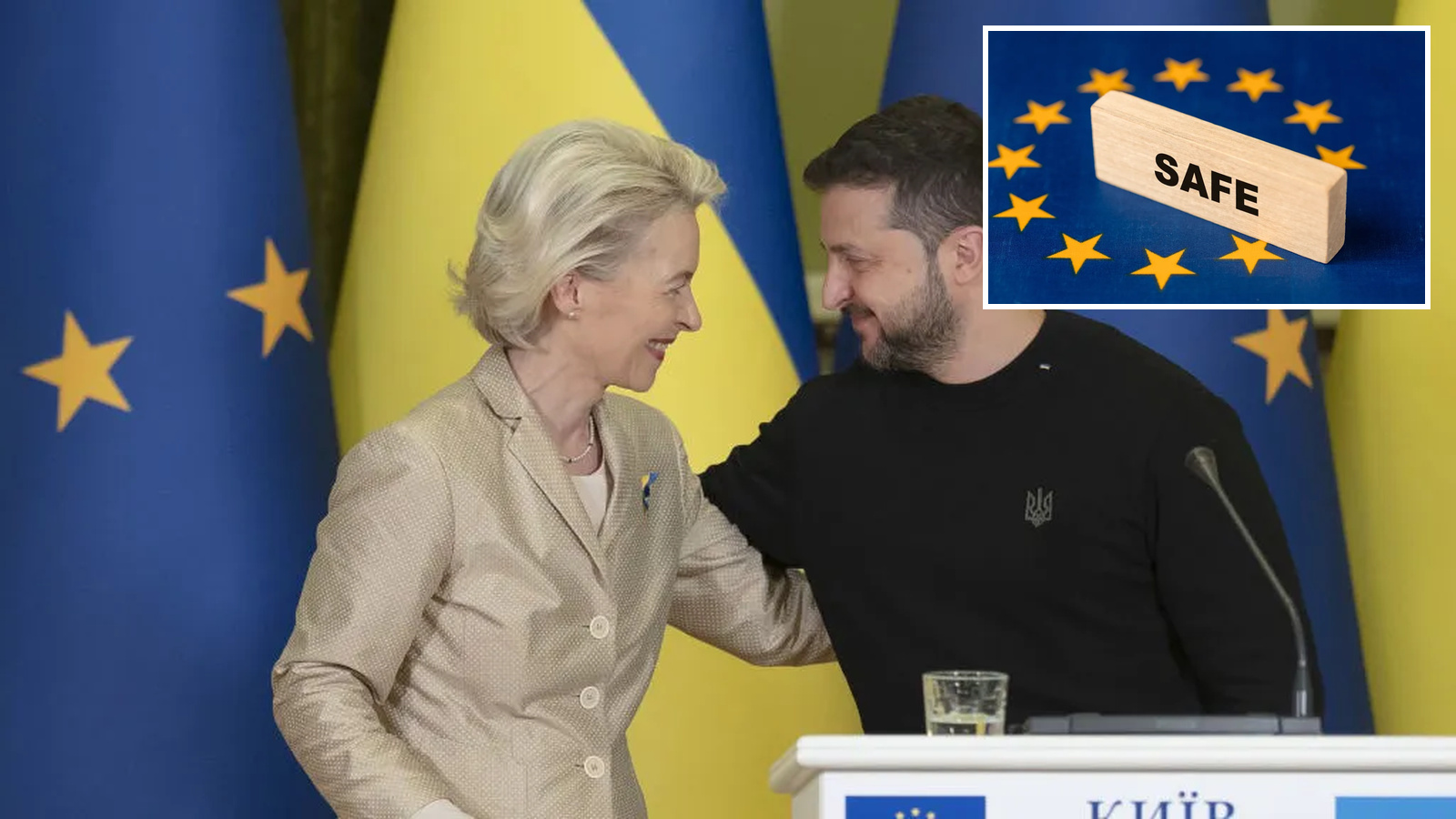 Ursula von der Leyen i Wołodymyr Zełenski podczas wspólnej konferencji w Kijowie, w rogu grafika z napisem SAFE na tle flagi UE