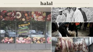 Witryna sklepu halal, obok muzułmanie i kadr z rzeźni
