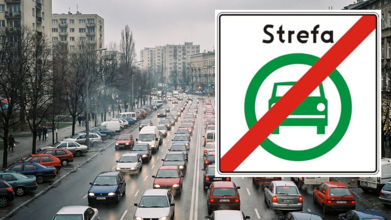 Samochody stoją w korku na wielopasmowej ulicy w mieście, obok duży znak końca strefy czystego transportu