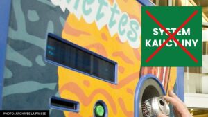 Dłoń wkłada puszkę do automatu zwrotnego, obok przekreślony na czerwono napis System kaucyjny
