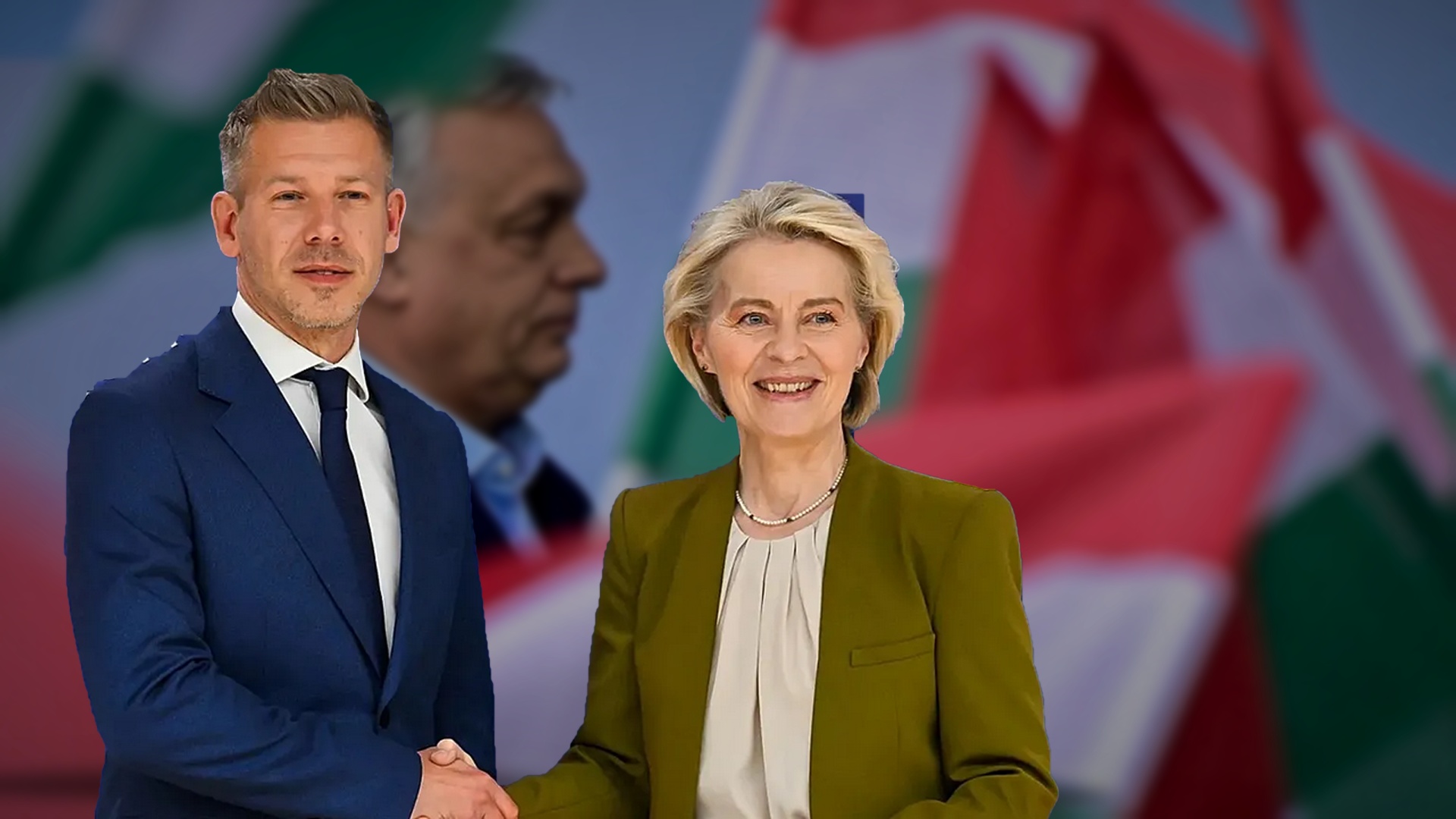Magyar i von der Leyen na tle zdjęcia Orbana