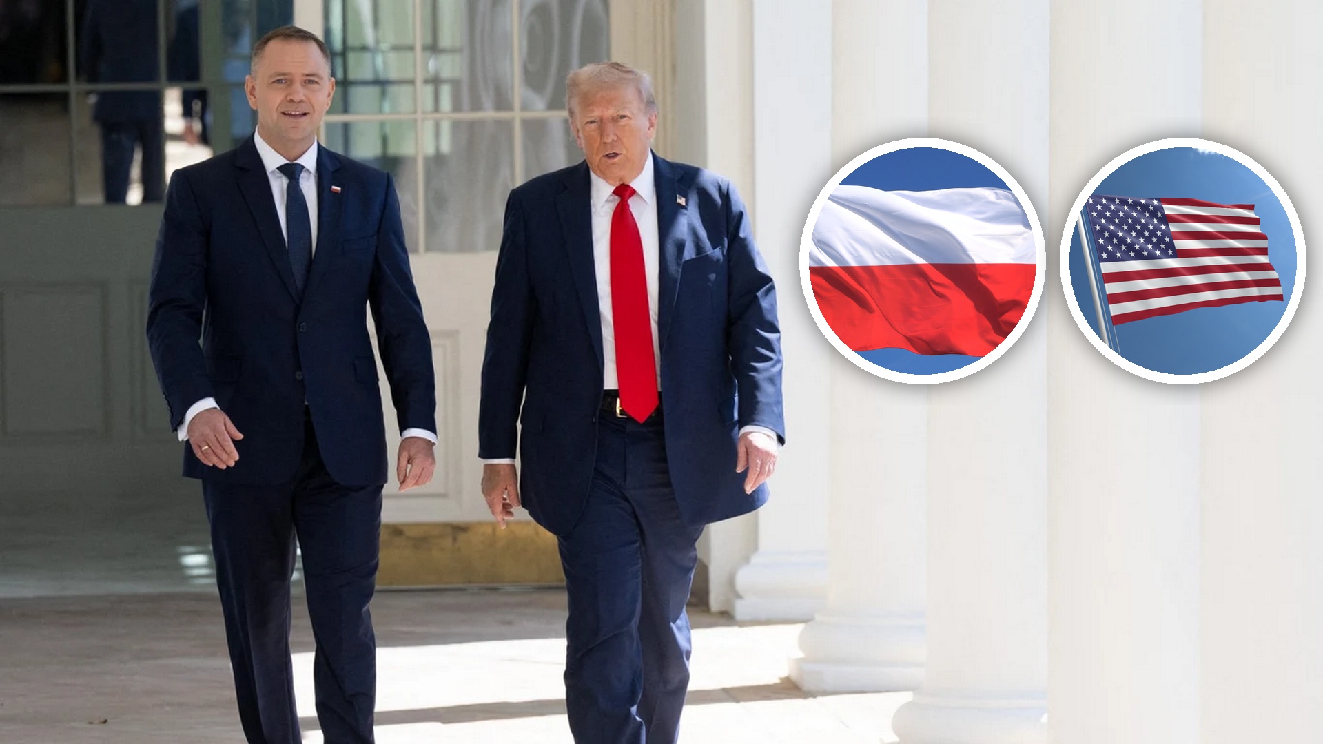 Donald Trump i Karol Nawrocki, a obok nich flagi USA i Polski.