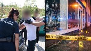 Z lewej niemieccy policjanci przeszukujący mężczyznę, z prawej przestrzelona witryna sklepu za taśmą policyjną
