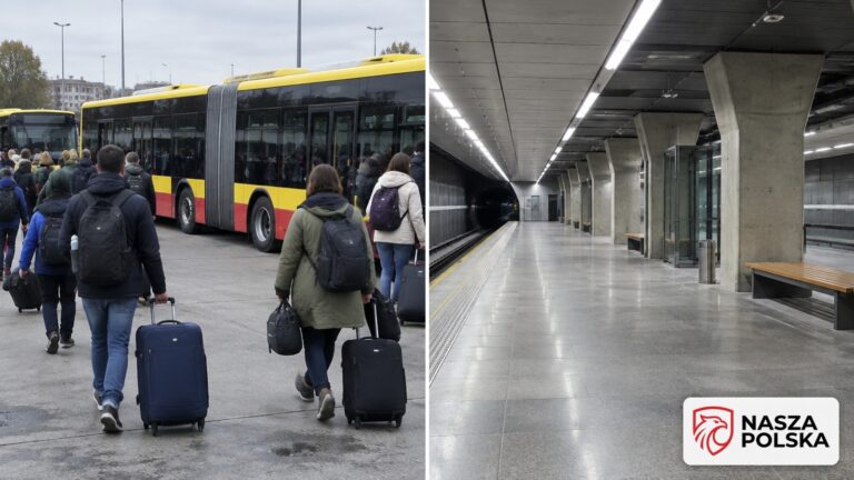 Ludzie z walizkami idący w stronę żółto-czerwonych autobusów miejskich oraz pusty peron stacji metra