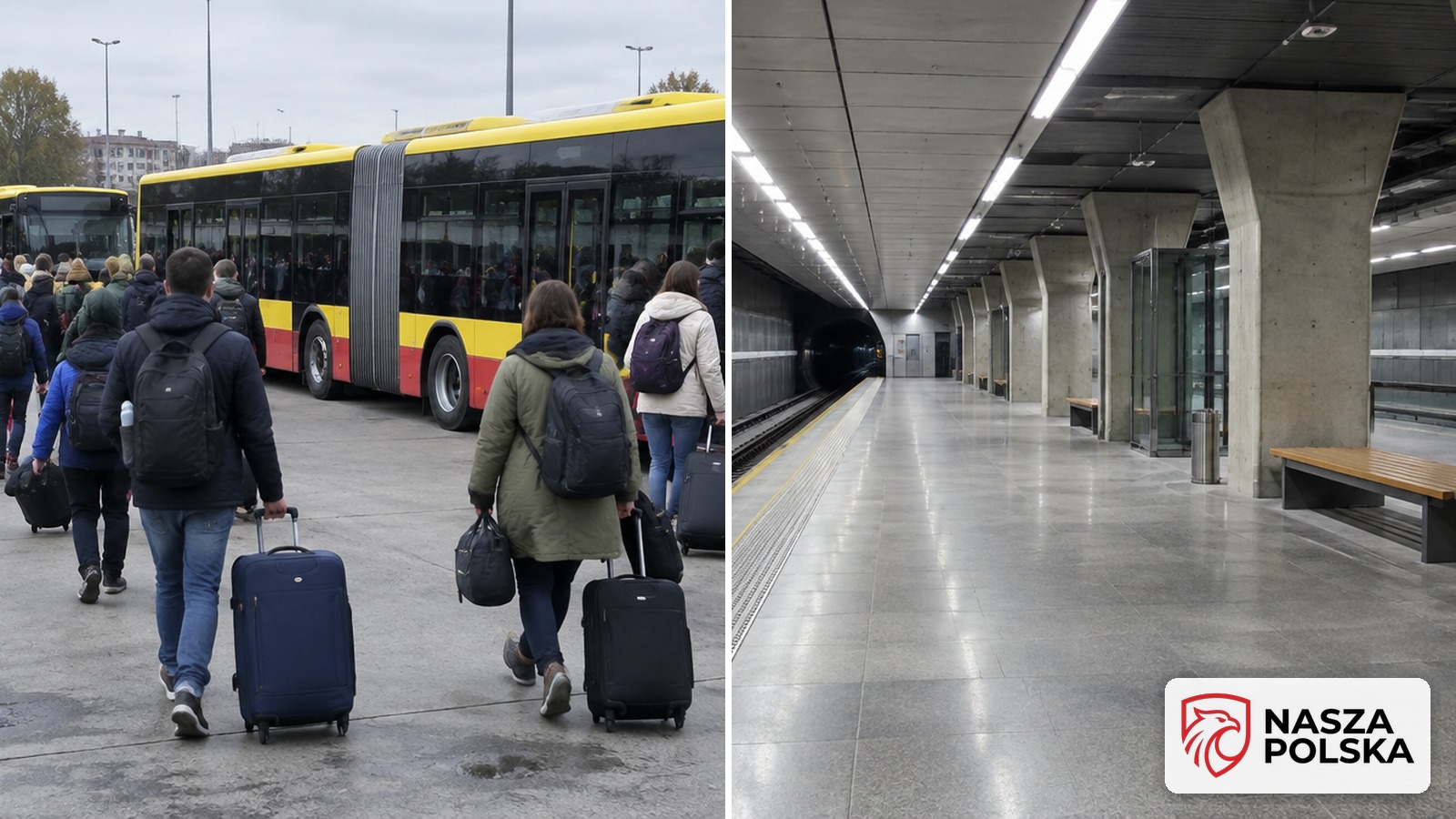 Ludzie z walizkami idący w stronę żółto-czerwonych autobusów miejskich oraz pusty peron stacji metra