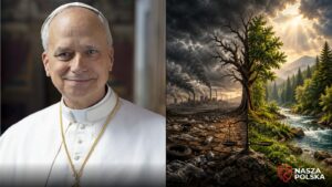 Papież Leon XIV i symboliczne zestawienie zaśmieconej, wysychającej ziemi z zielonym lasem nad rzeką