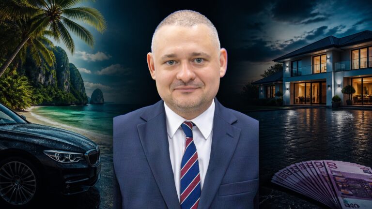 Poseł Wojciech Król w garniturze, w tle plaża z palmami, luksusowy samochód, dom z podjazdem i banknoty euro