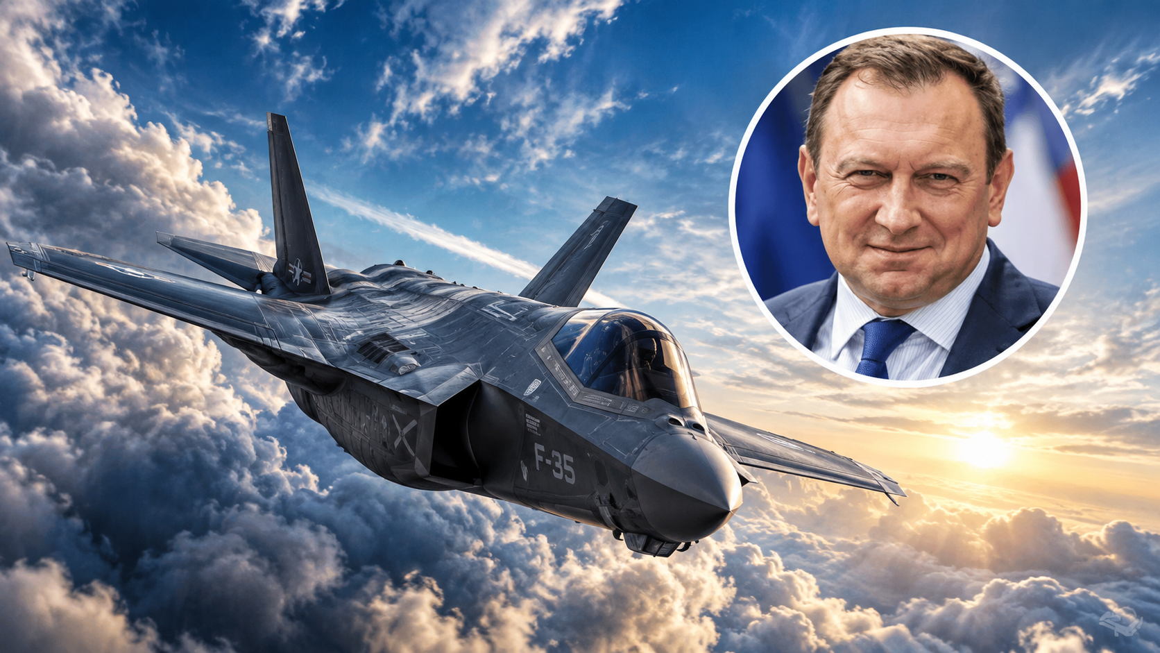 Tomasz Trela na tle przelatującego myśliwca F-35